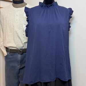 Ann Taylor Ruffle Semi Sheer Navy Blue Sleeveless Top Size XL